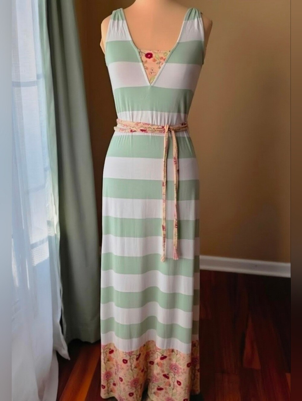 Matilda Jane Seaside‎ Afternoon Sage and Blue Striped Maxi Dress Size Women's XS